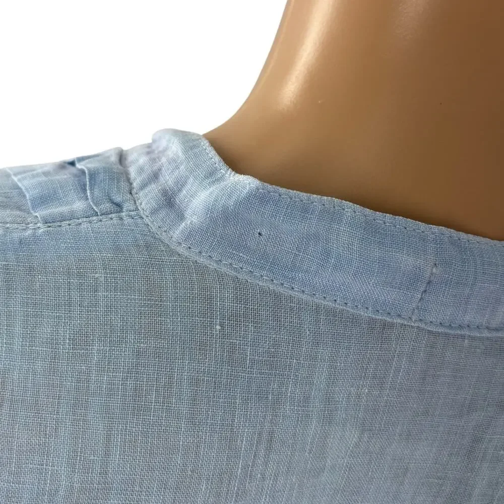 CP Shades Blue Linen V Neck Tie Front Pintuck Half Sleeve Blouse